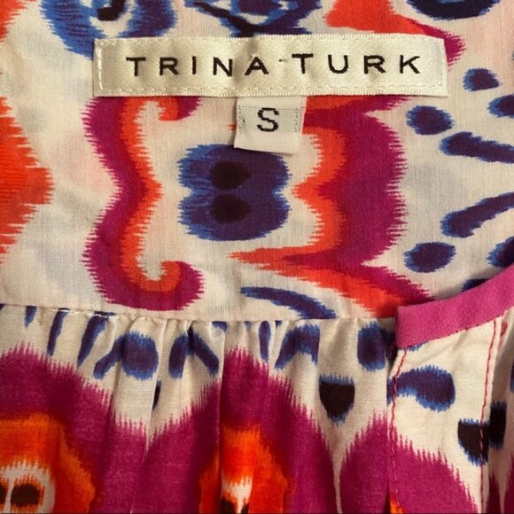 TRINA TURK TOP BLOUSE WHITE BLUE MULTI COLOR BOHO TRIBAL Size S - Picture 6 of 7